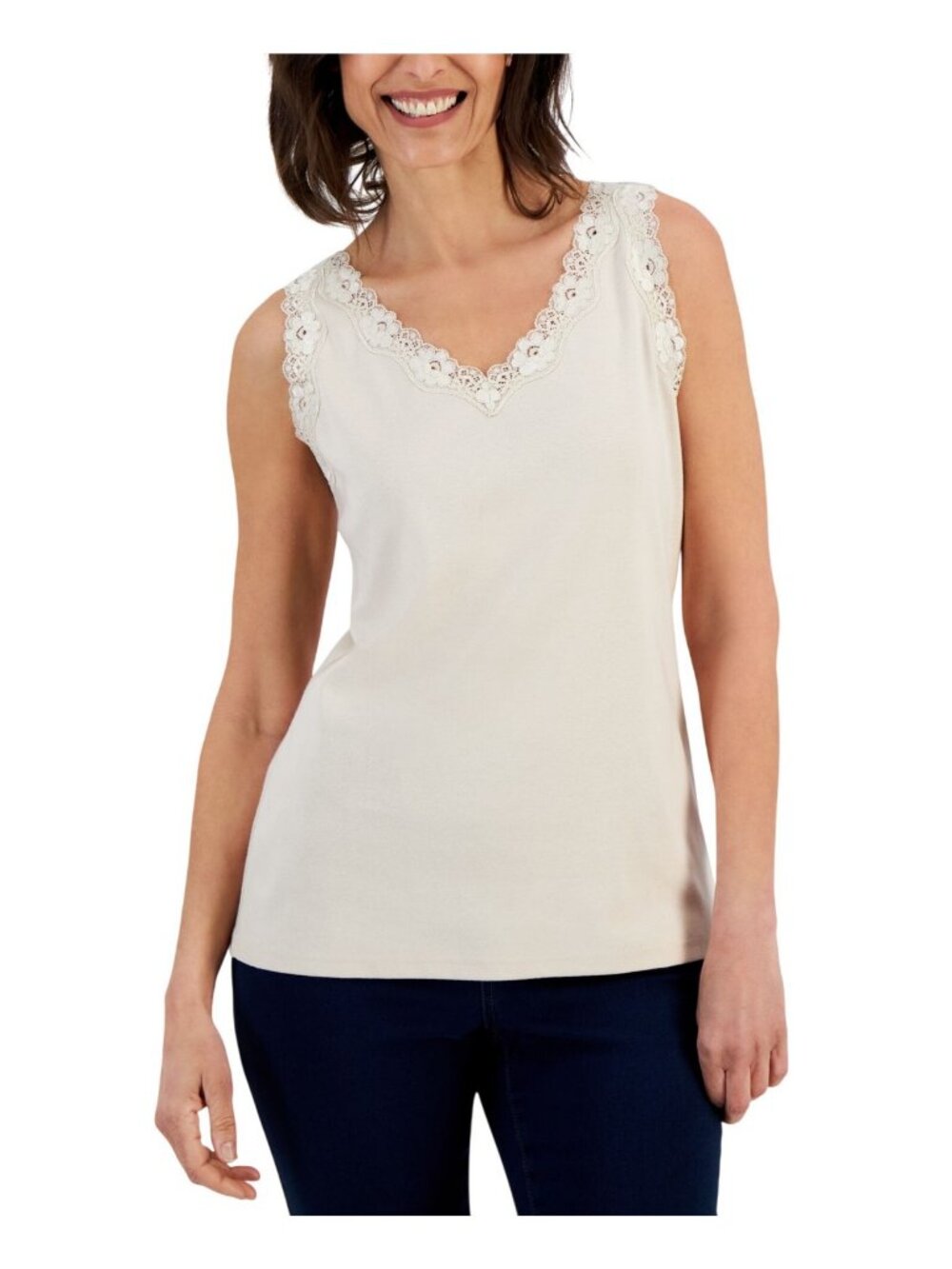 NWT Karen Scott Womens Knit Cotton Scalloped-Lace Tank Top Pebble Brown S